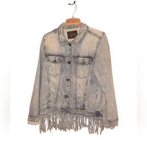 Blank NYC Blue  Denim Frayed Fringe Hem Oversized Trucker Jacket Ladies Medium